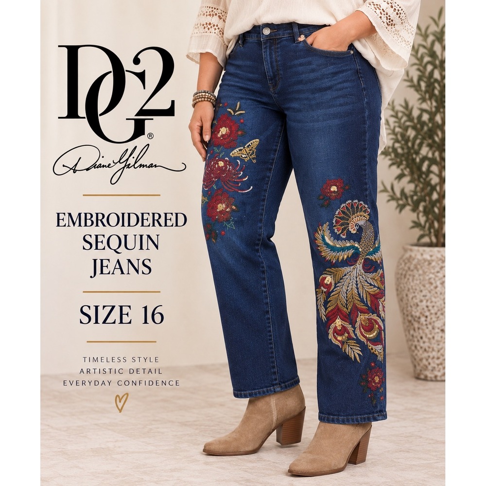 DG2 Diane Gilman Embroidered Straight Leg Jeans 16 Blue Peacock Floral Sequin